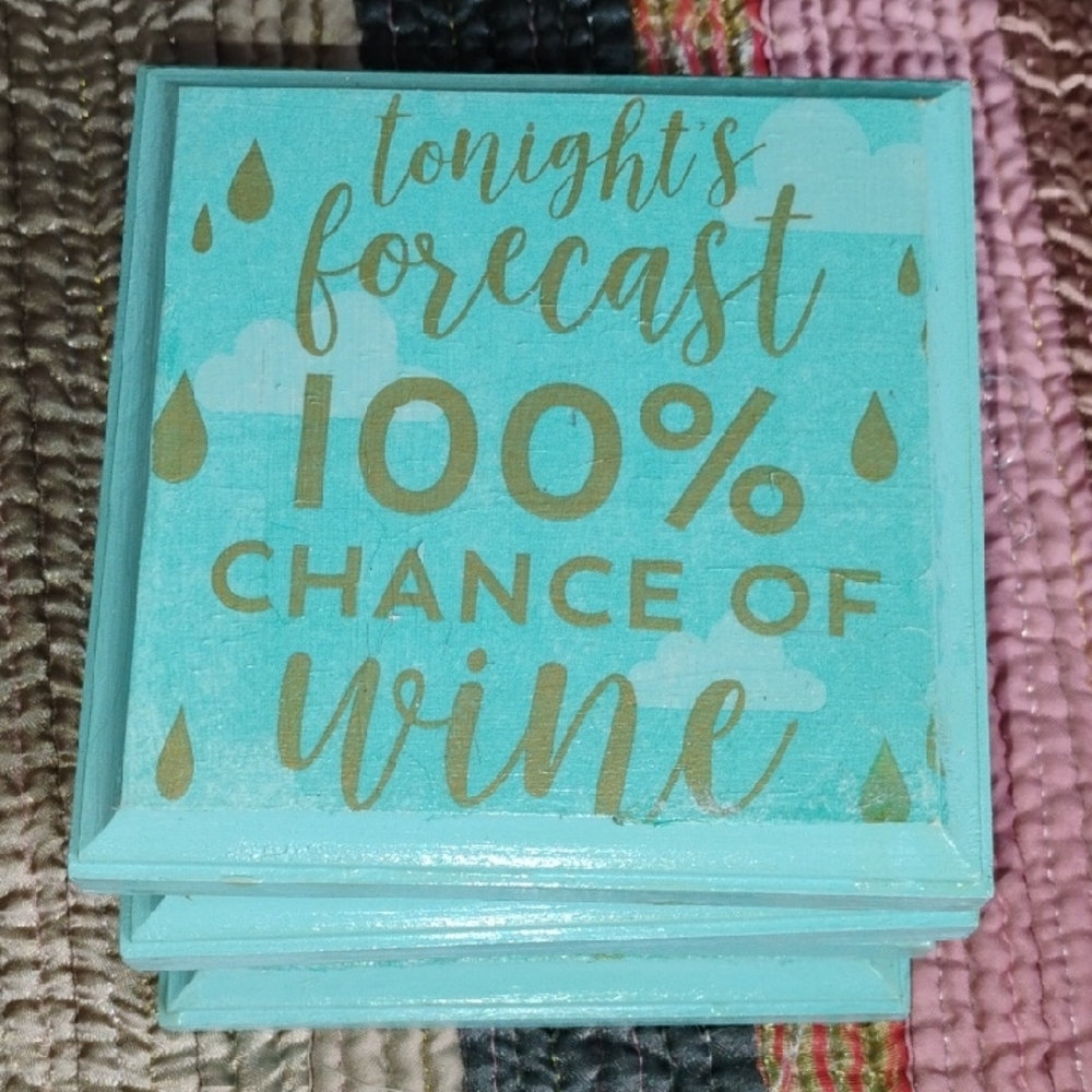 Wooden Turquoise Coaster Set - 100% Chance of Wine